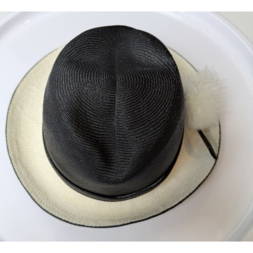 Vintage Mr John Classic Hat Black Ivory Straw Fedora delicate Pom Pom NY Paris - Picture 8 of 16